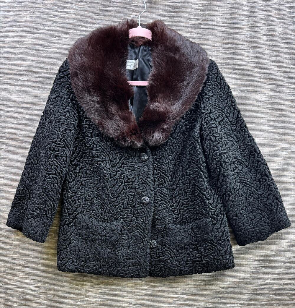 Vintage Fashion Fabric Faux Fur Coat Jacket Womens Size M Black Brown USA Made